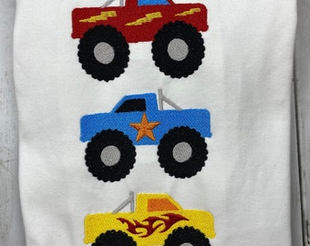 Monster Truck Trio - heavy fill stitch - car racing mud tractor - machine embroidery file kids boy