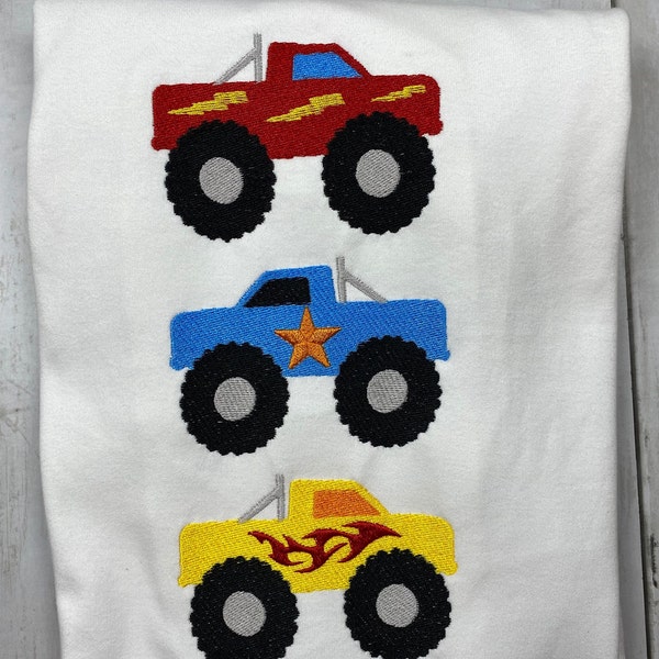 Monster Truck Trio - heavy fill stitch - car racing mud tractor - machine embroidery file kids boy