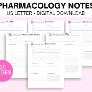 May include: A collection of pharmacology notes on white paper, with headings such as NSAIDs, Antiemetics, and Antihistamines. The text "PHARMACOLOGY NOTES" and "US LETTER • DIGITAL DOWNLOAD" are at the top. A pink circle with "25 PAGES" is in the lower left.