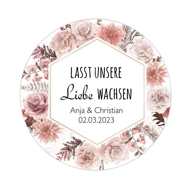 24 Aufkleber Lasst unsere Liebe wachsen personalisiert Eukalyptus Rosen  Ø40mm