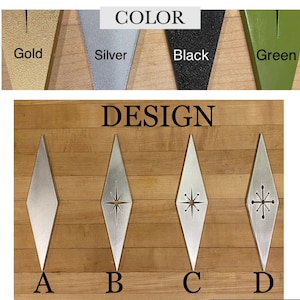 May include: Four diamond-shaped metal ornaments with different starburst designs. The ornaments are labeled A, B, C, and D. The ornaments are shown against a wood background. The top of the image shows four color swatches labeled Gold, Silver, Black, and Green.