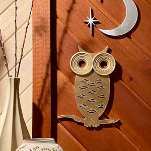 Mid Century Modern Owl with Moon and Elongated Starbursts-  3D printed. Painted Gold/Silver or unpainted Black~ Wall Art / Decor