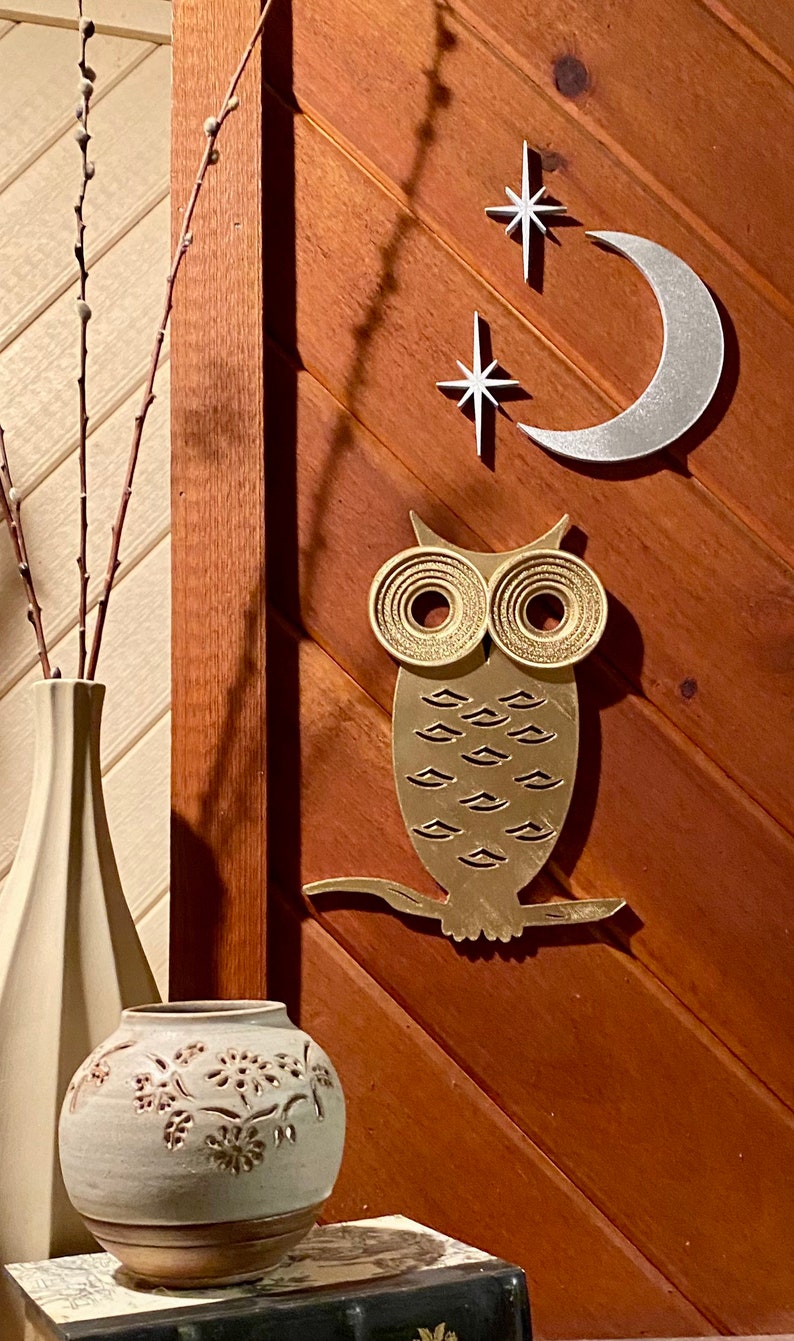 Mid Century Modern Owl with Moon and Elongated Starbursts 3D printed. Painted Gold/Silver or unpainted Black Wall Art / Decor GoldMoon/SilverStars