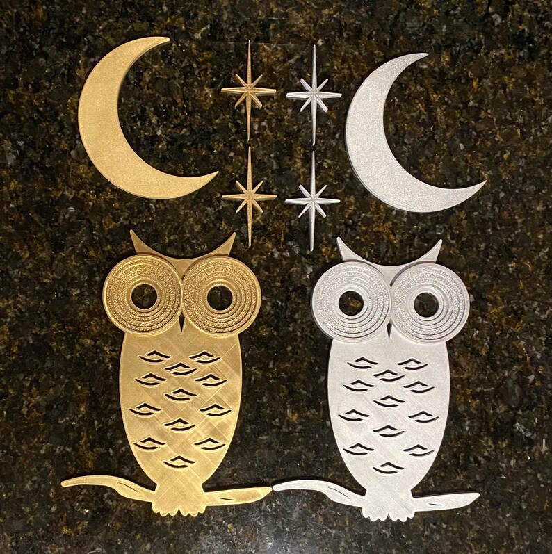 Mid Century Modern Owl with Moon and Elongated Starbursts 3D printed. Painted Gold/Silver or unpainted Black Wall Art / Decor image 4