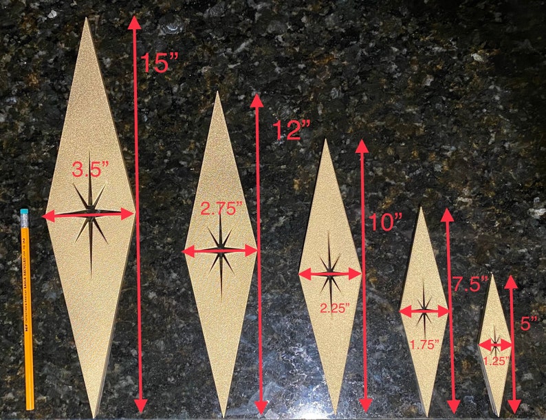 May include: Five gold diamond-shaped ornaments with a starburst design in the center. The ornaments range in size from 5 inches to 15 inches.