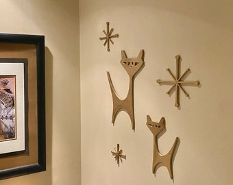 Mid Century Modern Atomic Cats - big cat small cat family w/ starbursts -  3D printed, painted Gold/Silver or unpainted Black/Aqua