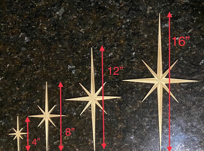 Mid Century Modern Elongated Pointed Starbursts 3D printed Gold/Silver painted or Black/White/Aqua unpainted Wall Art / Decor image 2
