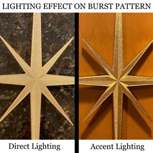 May include: A gold starburst ornament with a textured surface. The ornament is shown under two different lighting conditions: direct lighting and accent lighting. The direct lighting shows the texture of the ornament more clearly, while the accent lighting creates a more dramatic effect.