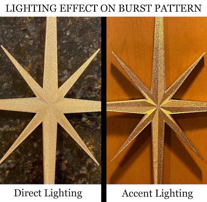 May include: A gold starburst ornament with a textured surface. The ornament is shown under two different lighting conditions: direct lighting and accent lighting. The direct lighting shows the texture of the ornament more clearly, while the accent lighting creates a more dramatic effect.