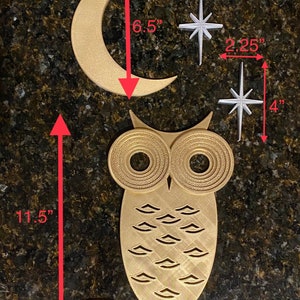 Mid Century Modern Owl with Moon and Elongated Starbursts 3D printed. Painted Gold/Silver or unpainted Black Wall Art / Decor Gold Owl