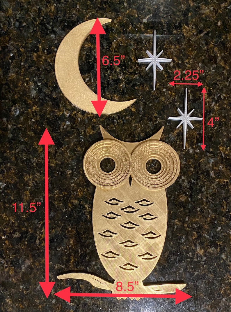 Mid Century Modern Owl with Moon and Elongated Starbursts 3D printed. Painted Gold/Silver or unpainted Black Wall Art / Decor Gold Owl