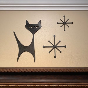 Mid century modern atomic cat with starburst -  3D printed in Black color ~ Wall Art / Decor