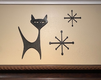 Mid century modern atomic cat with starburst -  3D printed in Black color ~ Wall Art / Decor