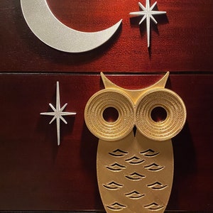 Mid Century Modern Owl with Moon and Elongated Starbursts 3D printed. Painted Gold/Silver or unpainted Black Wall Art / Decor image 2