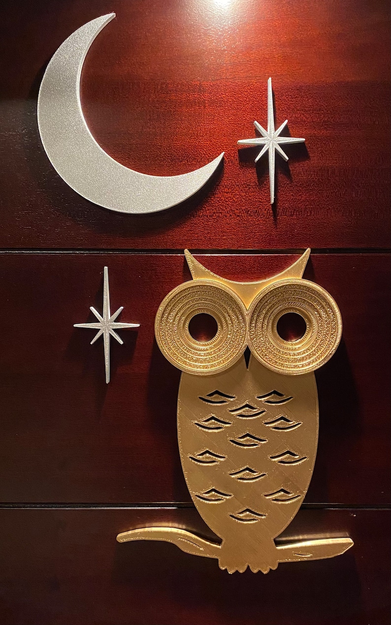 Mid Century Modern Owl with Moon and Elongated Starbursts 3D printed. Painted Gold/Silver or unpainted Black Wall Art / Decor image 2