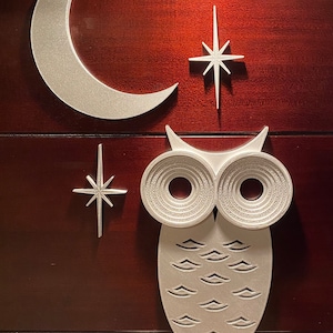 Mid Century Modern Owl with Moon and Elongated Starbursts 3D printed. Painted Gold/Silver or unpainted Black Wall Art / Decor image 10