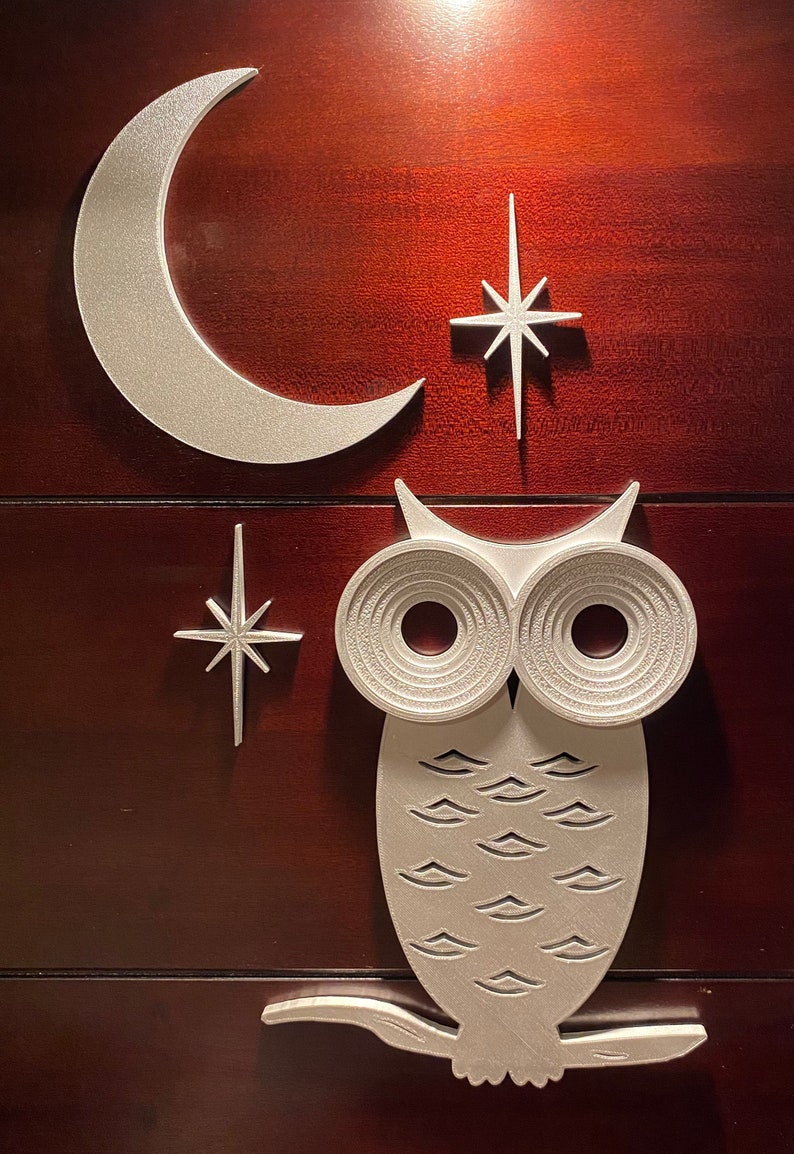 Mid Century Modern Owl with Moon and Elongated Starbursts 3D printed. Painted Gold/Silver or unpainted Black Wall Art / Decor image 10