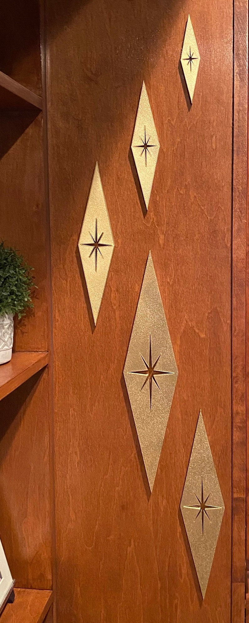 Mid Century Modern diamonds wall art with elongated starburst cut-outs
