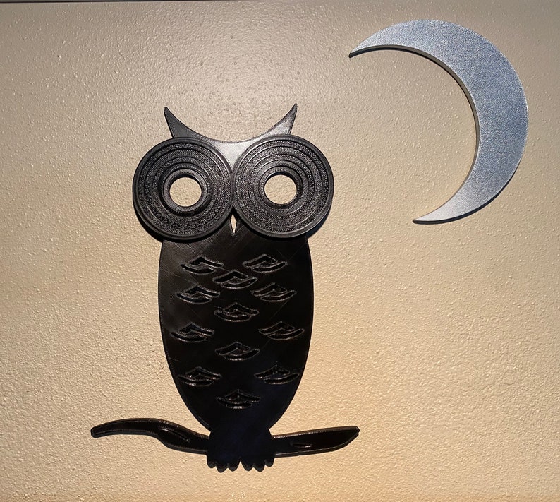 Mid Century Modern Owl with Moon and Elongated Starbursts 3D printed. Painted Gold/Silver or unpainted Black Wall Art / Decor Black Owl