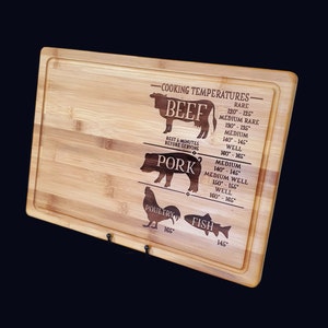 May include: A brown bamboo cutting board with a white engraved design of a cow, pig, chicken, and fish. The design includes the words "Cooking Temperatures", "Beef", "Pork", "Poultry", and "Fish" along with the recommended internal cooking temperatures for each type of meat.