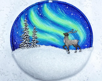 5.5” Reindeer under the Northern Lights Modern Hand Embroidery Wall Art Decor