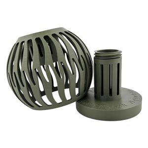 May include: An olive green, spherical, cage-like object with curved vertical openings, next to a cylindrical component with vertical slots and a circular base. The base has text around the edge. The objects are made of plastic.
