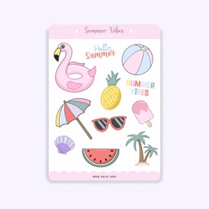 May include: A sheet of summer-themed stickers with a pink flamingo float, a pineapple, a beach ball, sunglasses, a watermelon slice, a seashell, an umbrella, a popsicle, and palm trees. The text "Summer Vibes" and "Hello Summer" are also included.