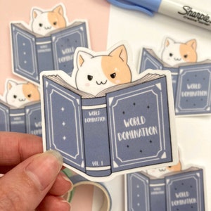 World Domination Cat Sticker | Bookish Waterproof Laminated Vinyl Die Cut Sticker, Laptop Sticker