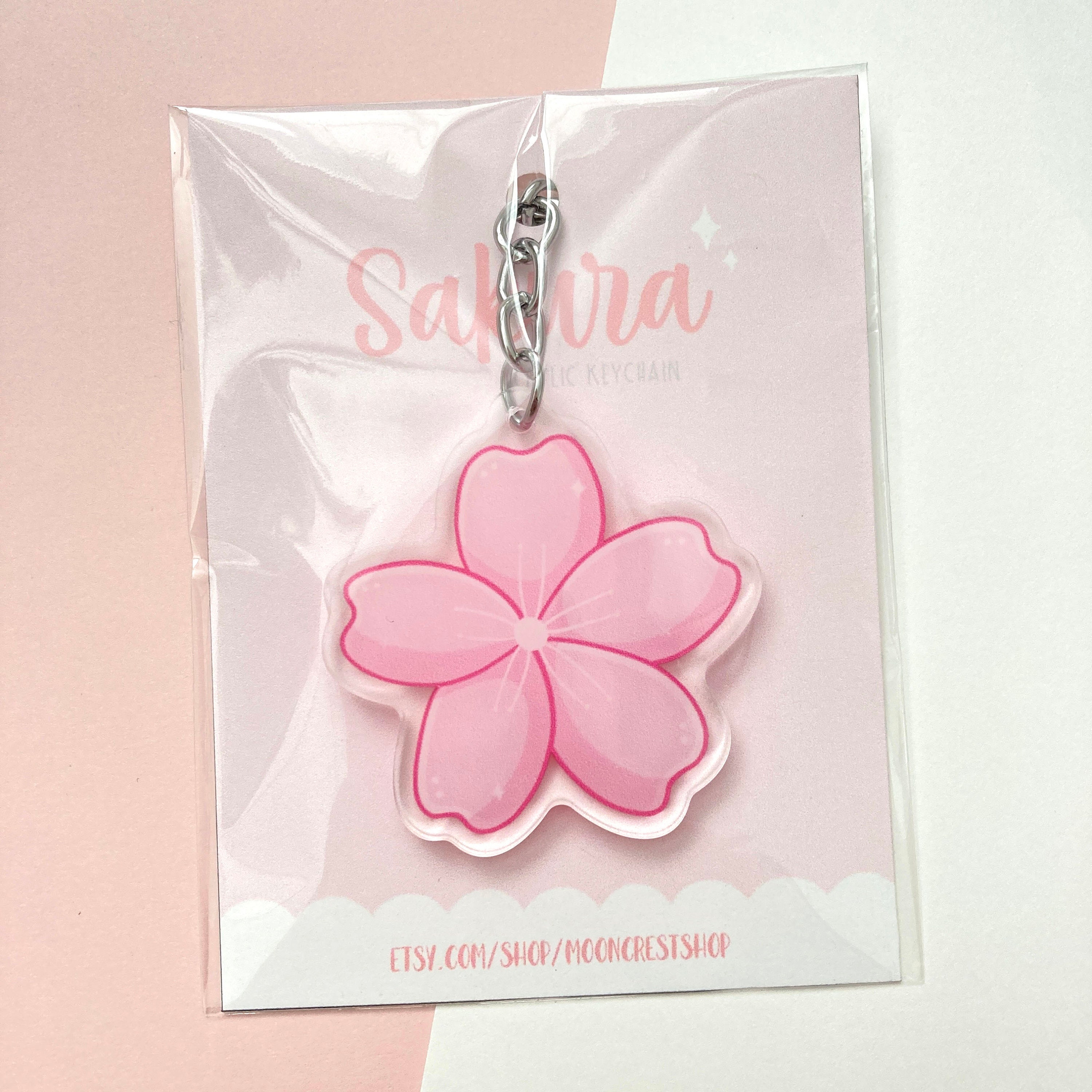 Floral Cherry Blossoms Pink Silver Monogram Keychain