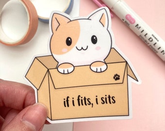 Cute Cat In A Box If I Fits I Sits Sticker | Waterproof Laminated Vinyl Die Cut Sticker, Laptop Sticker