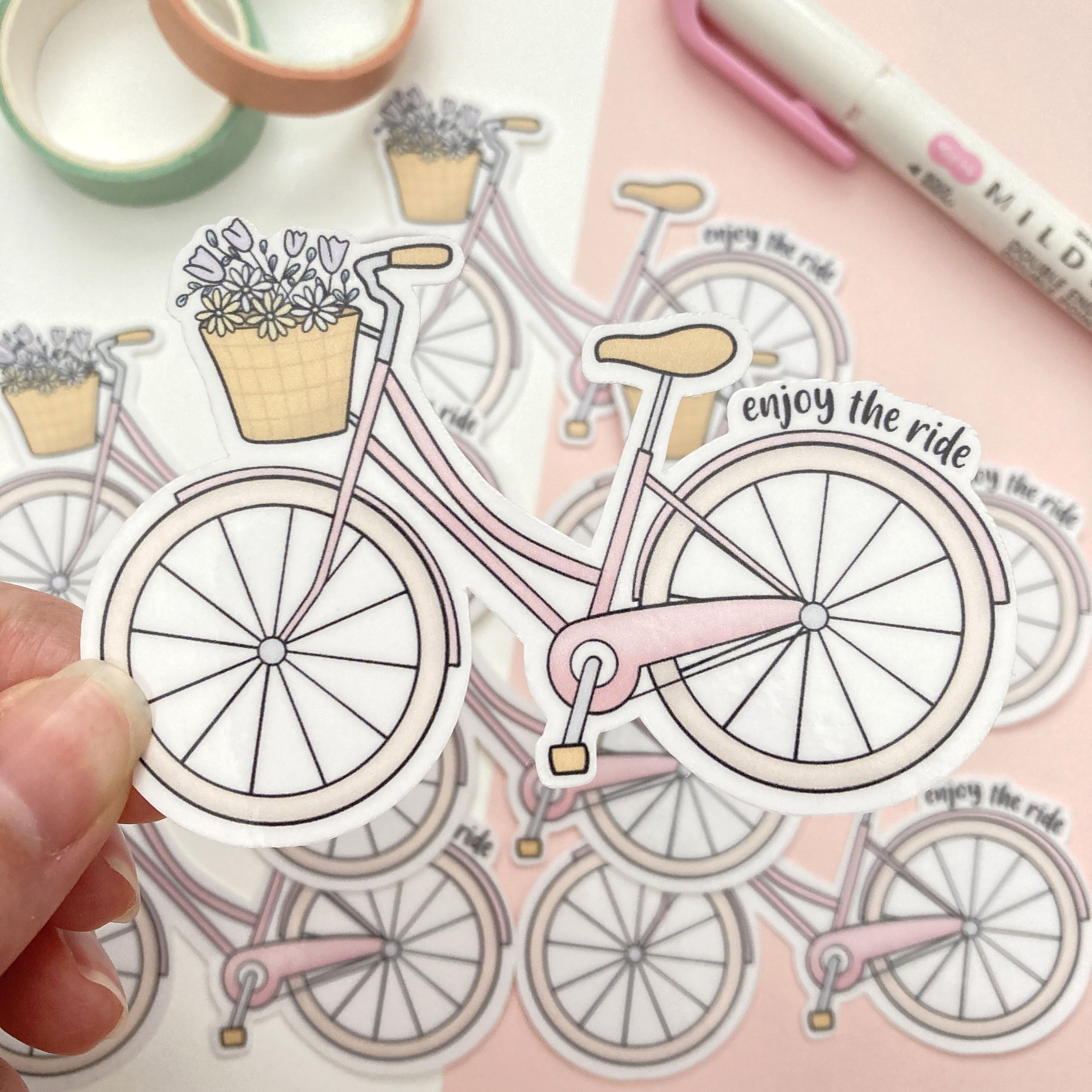 Cute Pink Pastel Floral Retro Bicycle Sticker | Enjoy the Ride Sticker ...
