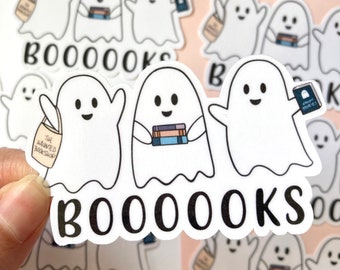 May include: Three white ghost stickers with smiling faces holding books and a bag that says "The Haunted Bookshop". The stickers are arranged in a row with the text "BOOOOOKS" below them.