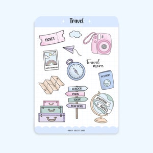 Travel Adventure Sticker Sheet | Aesthetic Pastel Bullet Journal, Planner, Notebook, Scrapbook | Adventure Awaits