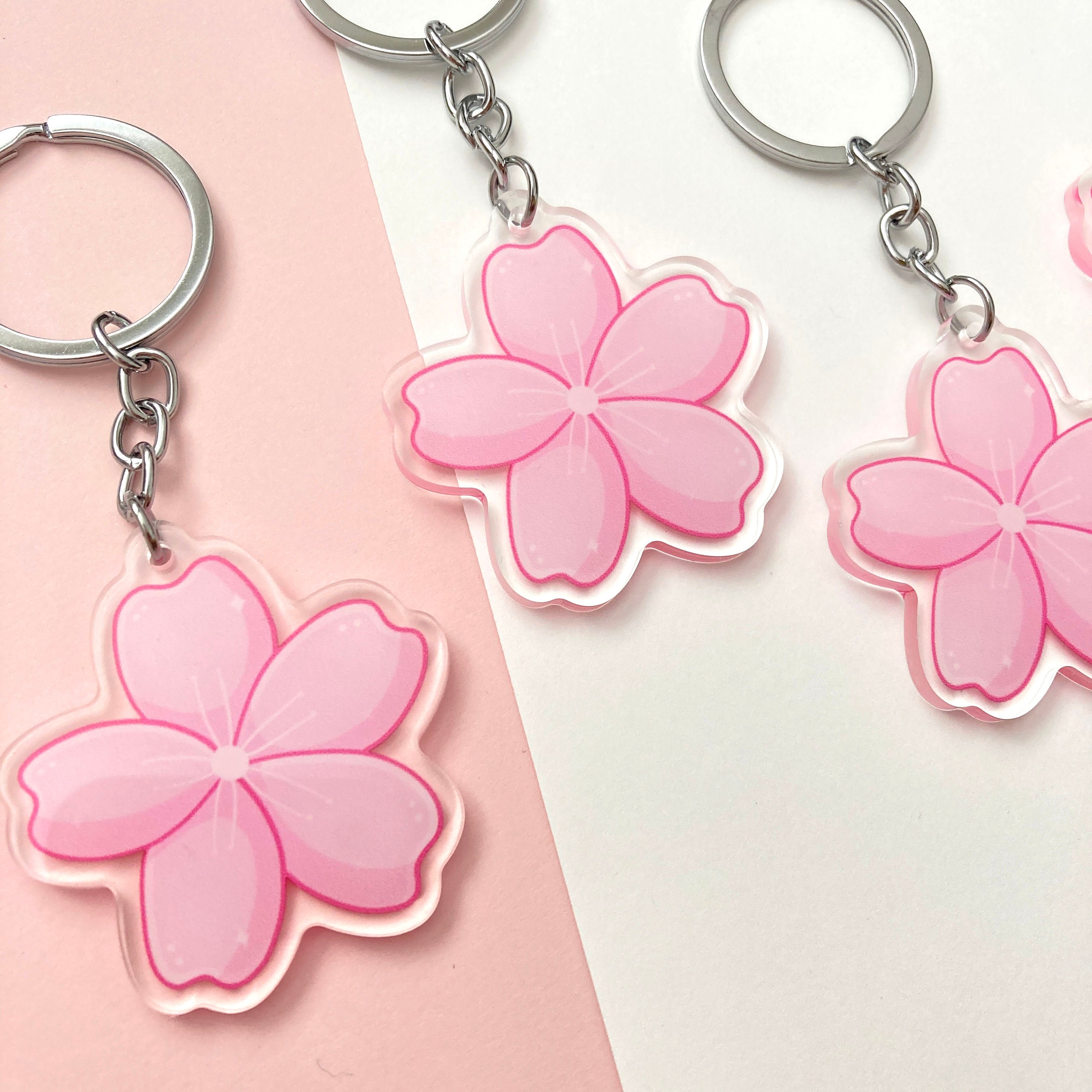 Floral Cherry Blossoms Pink Silver Monogram Keychain