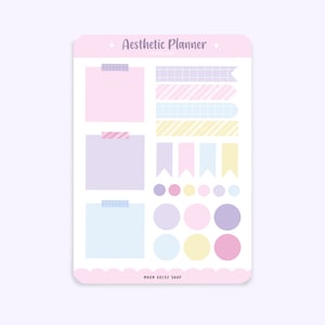 Mignon esthétique Pastel Bullet Journal Planner Feuille d’autocollants | mémos, notes autocollantes, points, cercles, ruban washi, signets