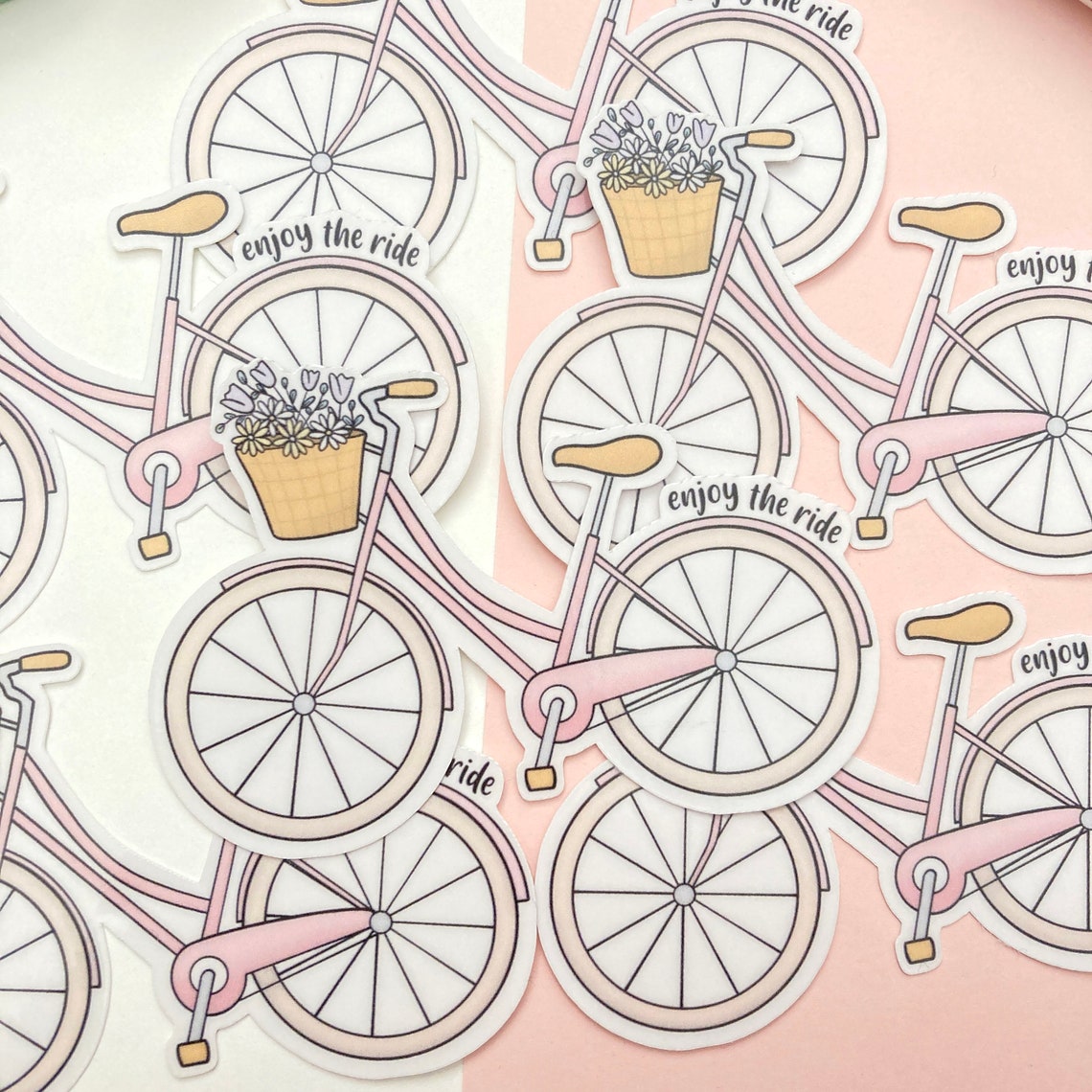 Cute Pink Pastel Floral Retro Bicycle Sticker | Enjoy the Ride Sticker ...