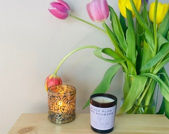 Black Plum and Rhubarb Mini Soy Wax Candle | Hand Poured Amber Jar Candle | Cotton Wick | Gift | 9cl, 90ml | Plant Wax | Eco Friendly