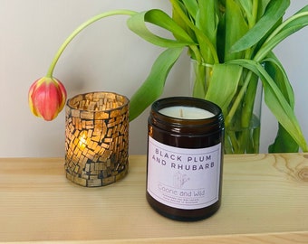 Black Plum and Rhubarb | Soy Wax Candle | Hand Poured Vegan Soy Wax Amber Jar Candle, SPRING, Cotton Wick, 180ml, With Lid, Gift Set
