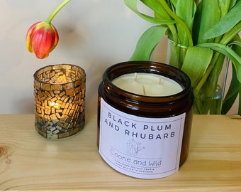 Black Plum and Rhubarb | Soy Wax Candle | Hand Poured Vegan Soy Wax Amber Jar Candle, SPRING, Cotton Wick, 400ml, With Lid, Gift Set