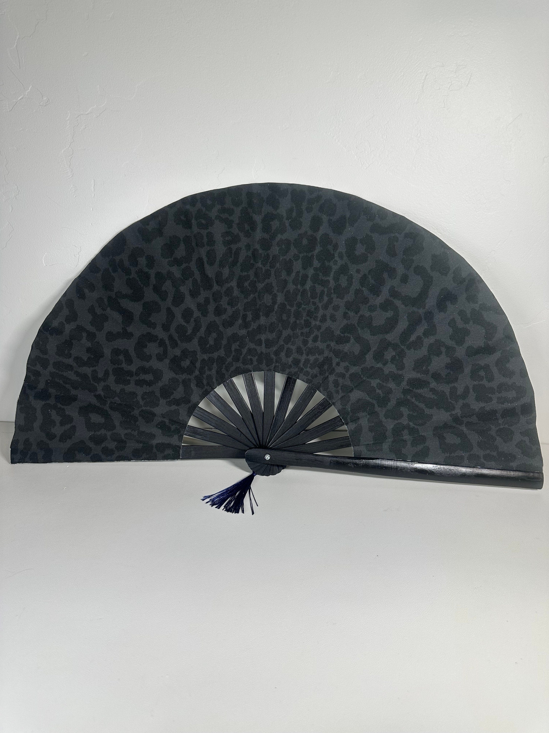 Leopard Print Hand Fan With Black Slab Base - Cloth Fan For Décor Or Cooling