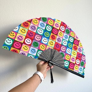 Happy Tabs Fan / Large Fan / Rave Accessories / Hand Fan / Rave Hand Fan / Clacking Fan / EDM / Festival Rave Fan / Fans To Make Her Dance