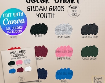 Tabla de colores Gildan G180B para jóvenes – Plantilla editable de Canva (Descarga digital)