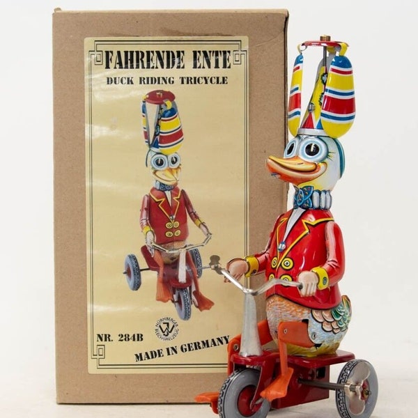 Nurnberger Blechspeilzeug Tin Litho Duck Riding Tricycle In Original Box