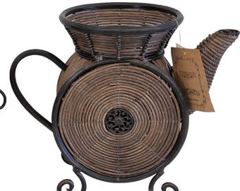 Vintage World Market Handmade Wicker & Metal Teapot Basket NWT 2000-2015 Era