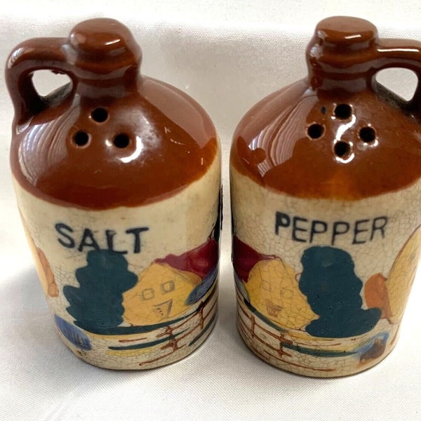 Relco Vintage Salt & Pepper Set Farm Scene Whiskey Jug