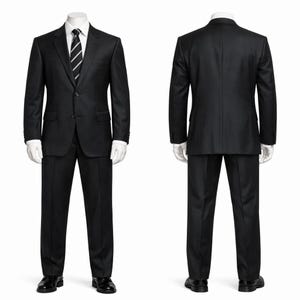 Può includere: Un completo nero, mostrato da davanti e da dietro. Il completo comprende una giacca, pantaloni, una camicia bianca e una cravatta a righe. È esposto su un manichino su sfondo bianco. Le scarpe sono nere.