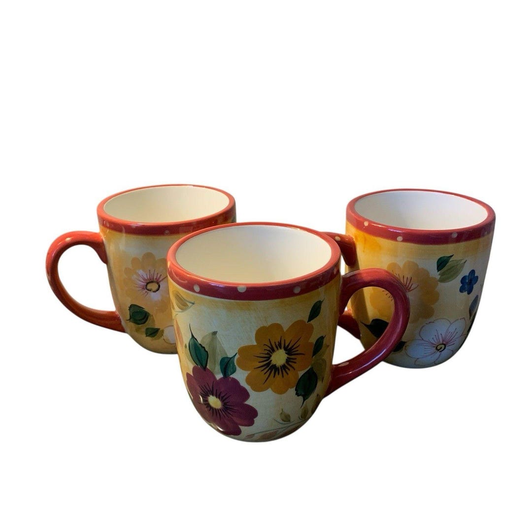 Oneida Kitchen Oneida Kitchen “sunset Bouquet” Set of 2 Mugs 10oz Hand Painted Polka ...