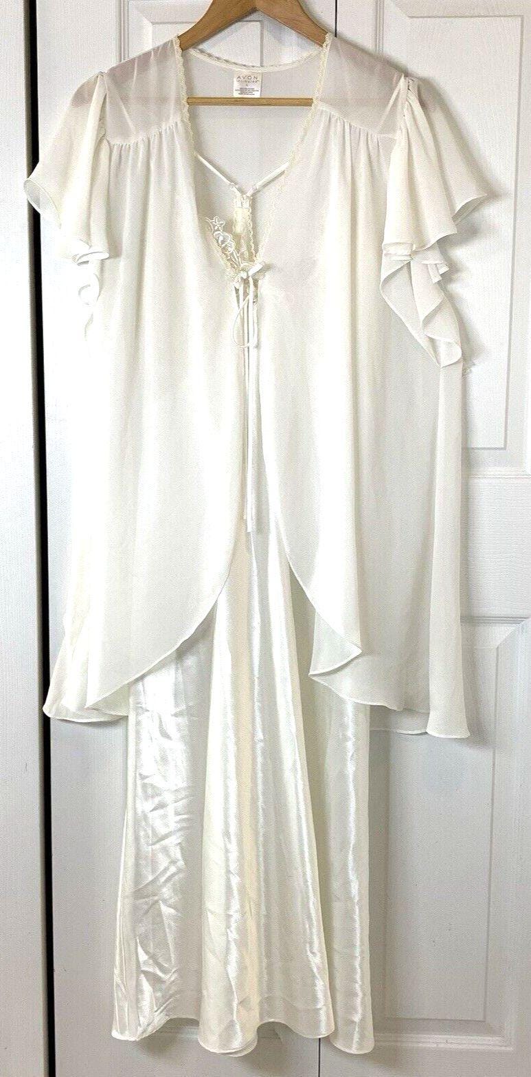Avon Intimates 2pc Lingerie Maxi Slip Dress Lace Pearls Sheer Topper 1X ...