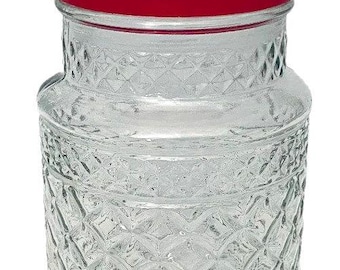 Bote de vidrio vintage Anchor Hocking modelo Wexford con tapa de plástico roja de los años 70.