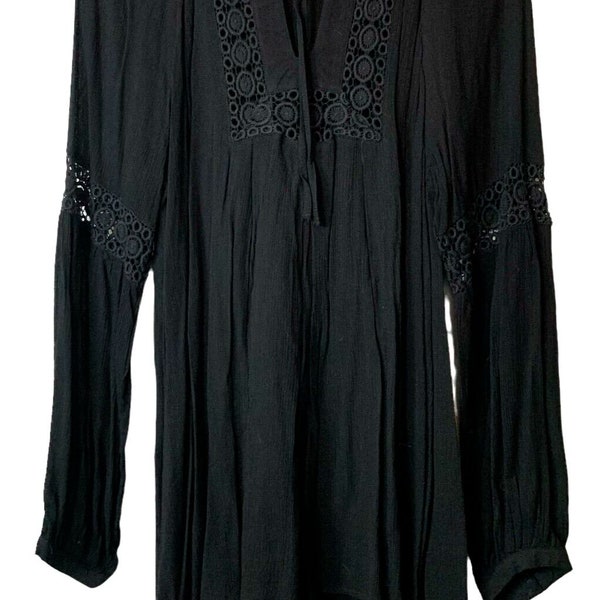 JJ's Fairyland Bohemian Top Womens Sz Large Black Crochet Bodice & Sleeve Insets